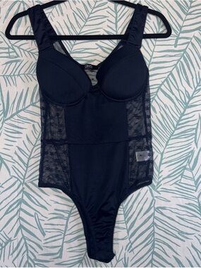 OHS Navy Lace-Panel Shaping Bodysuit Lingerie